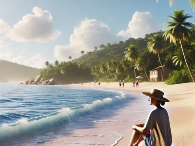 DALL·E 2024-11-14 09.20.03 - A realistic photo of a woman on a tropical Brazilian beach during summer. She is sitting by the shoreline, looking at the ocean waves, with palm trees