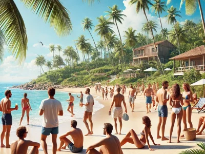 DALL·E 2024-11-14 09.23.27 - A realistic photo of a group of men and women enjoying a tropical Brazilian beach during summer. They are relaxing on the sandy beach, some standing a