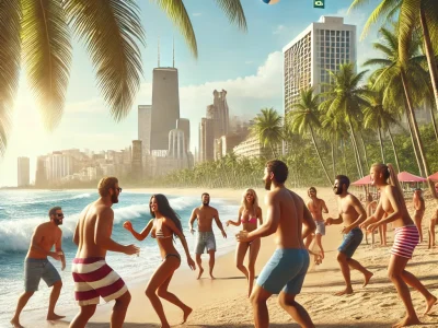 DALL·E 2024-11-14 09.23.50 - A realistic photo of a group of men and women having fun on a tropical Brazilian beach during summer. They are playing beach games near the water, wit