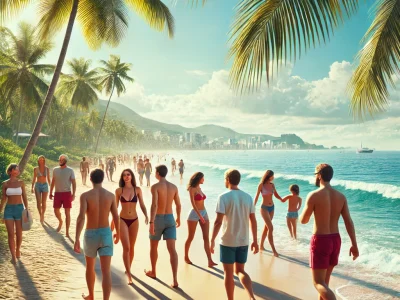 DALL·E 2024-11-14 09.24.01 - A realistic photo of men and women on a tropical Brazilian beach during summer, walking along the shoreline and enjoying the sun. The background inclu