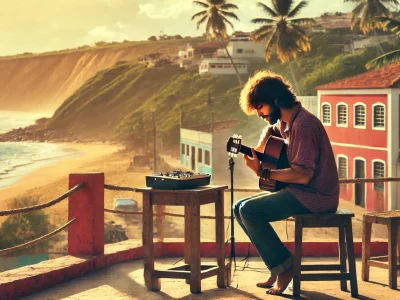 DALL·E 2024-11-14 10.11.35 - A realistic image of a solo musician playing a guitar on a simple outdoor stage in Fortaleza, Brazil. The musician is performing near the coast with a