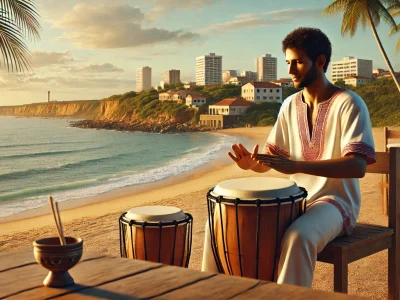 DALL·E 2024-11-14 10.11.45 - A realistic image of a solo musician playing traditional Brazilian percussion instruments outdoors in Fortaleza, Brazil. The musician is performing ne