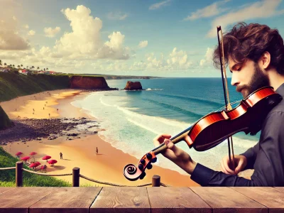 DALL·E 2024-11-14 10.14.01 - A realistic image of a solo violinist performing outdoors near the coast in Fortaleza, Brazil. The musician is playing with a simple coastal backgroun