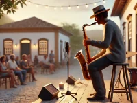 DALL·E 2024-11-14 10.20.45 - A realistic image of a solo jazz musician playing saxophone on a small stage outdoors in Brazil, with a simple, intimate atmosphere. The setting inclu