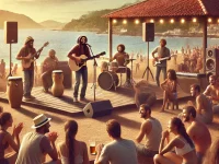 DALL·E 2024-11-14 10.21.10 - A realistic image of a reggae band performing outdoors in a coastal setting in Brazil. The band includes musicians with guitars, drums, and keyboards,
