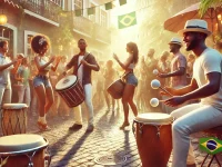 DALL·E 2024-11-14 10.21.20 - A realistic image of a Brazilian samba group performing outdoors, with musicians playing traditional samba instruments like pandeiro, tamborim, and ca