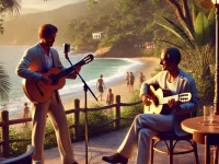 DALL·E 2024-11-14 10.21.27 - A realistic image of a Brazilian bossa nova duo performing outdoors, with a guitarist and a singer. The setting is intimate and relaxed, with a small